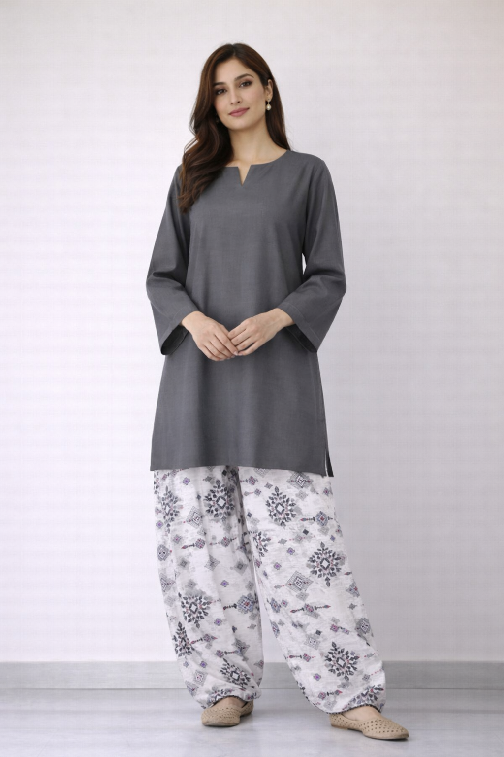 Unstitched Grey & white 2pc